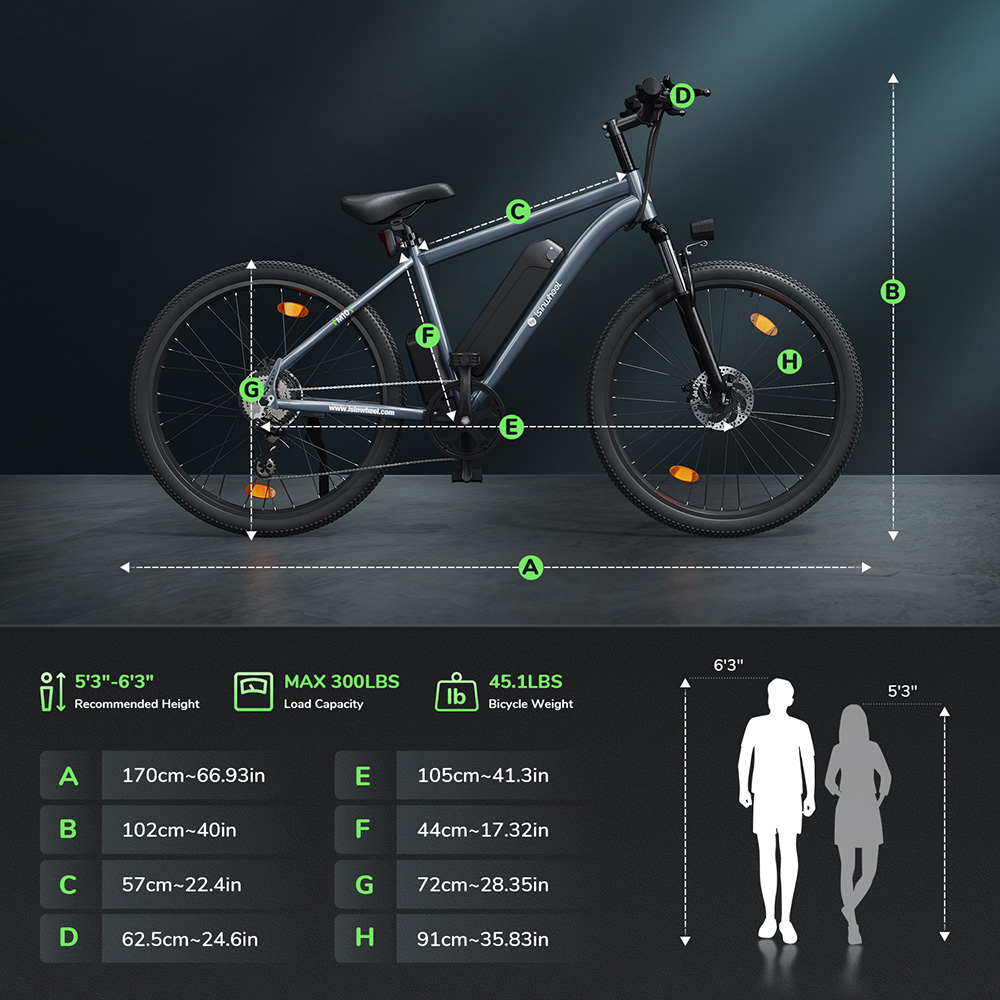 isinwheel M10 Electric Bike, 250W Motor, 36V 10.4Ah Battery, 26*1.95-inch Tire, 25km/h Max Speed, 100km Range, Disc Brake, Hydraulic Suspension Fork, LCD Display - Grey