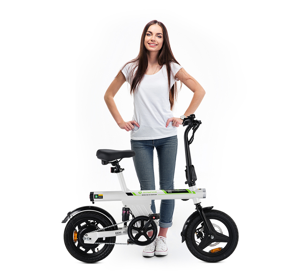 isinwheel U1 Portable Electric Bike, 250W Motor, 36V 7.8Ah Battery, 14*1.95' Tires, 25km/h Max Speed, 45km Max Range, Front & Rear Disc Brakes, Rear Shock Absorber, LCD Display - White