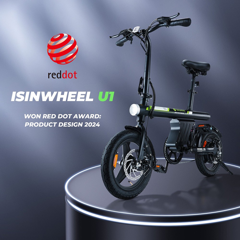 isinwheel U1 Portable Electric Bike, 250W Motor, 36V 7.8Ah Battery, 14*1.95' Tires, 25km/h Max Speed, 45km Max Range, Front & Rear Disc Brakes, Rear Shock Absorber, LCD Display - White