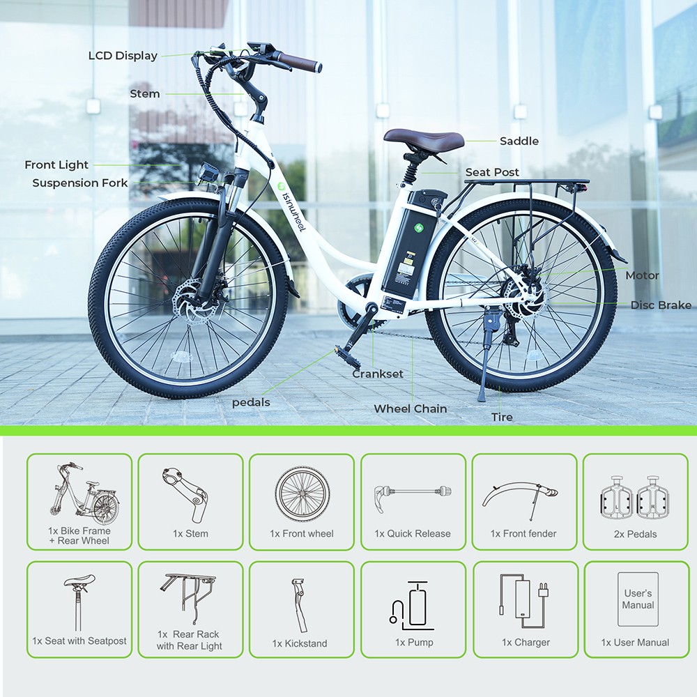 isinwheel U2 Electric Bike, 350W Motor, 36V 13Ah Battery, 26*1.95-inch Tires, 25km/h Max Speed, 75km Range, Mechanical Disc Brake, Front Suspension, SHIMANO 7-speed, LCD Display - White