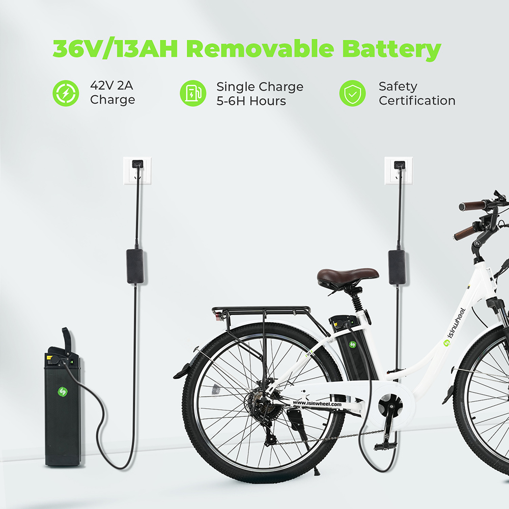 isinwheel U2 Electric Bike, 350W Motor, 36V 13Ah Battery, 26*1.95-inch Tires, 25km/h Max Speed, 75km Range, Mechanical Disc Brake, Front Suspension, SHIMANO 7-speed, LCD Display - White