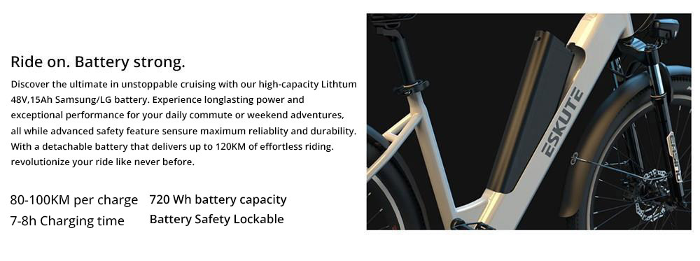 ESKUTE Polluno Plus Electric Commuter Bike 28*1.75 inch Kenda Tire 250W Motor 25km/h Max Speed 36V 20Ah Battery 120km Mileage SHIMANO 7-Speed Mechanical Disc Brakes - Black