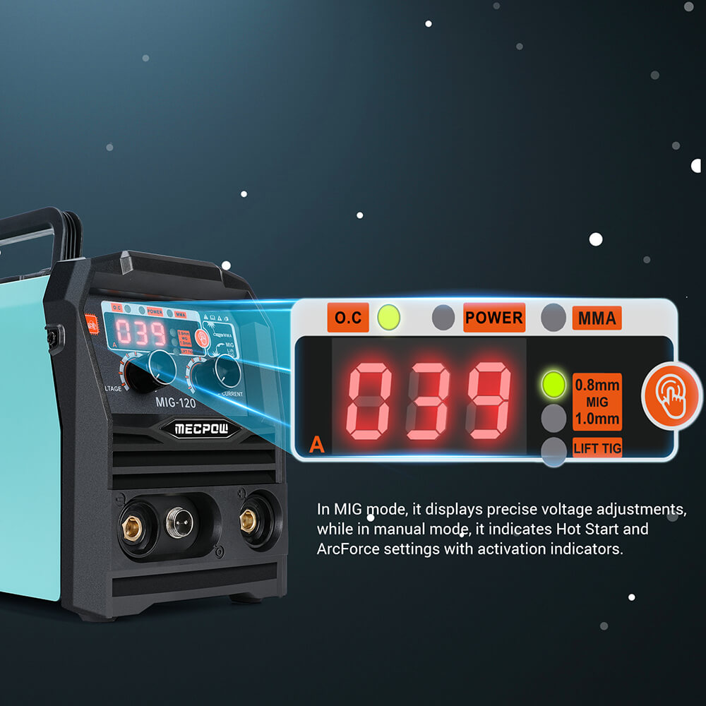Mecpow MIG120 Gasless Welder, 110V, MIG/MMA/LIFT TIG 3 in 1, Overheating/ Overcurrent/ Overload/Over-Voltage Protection, LCD Display