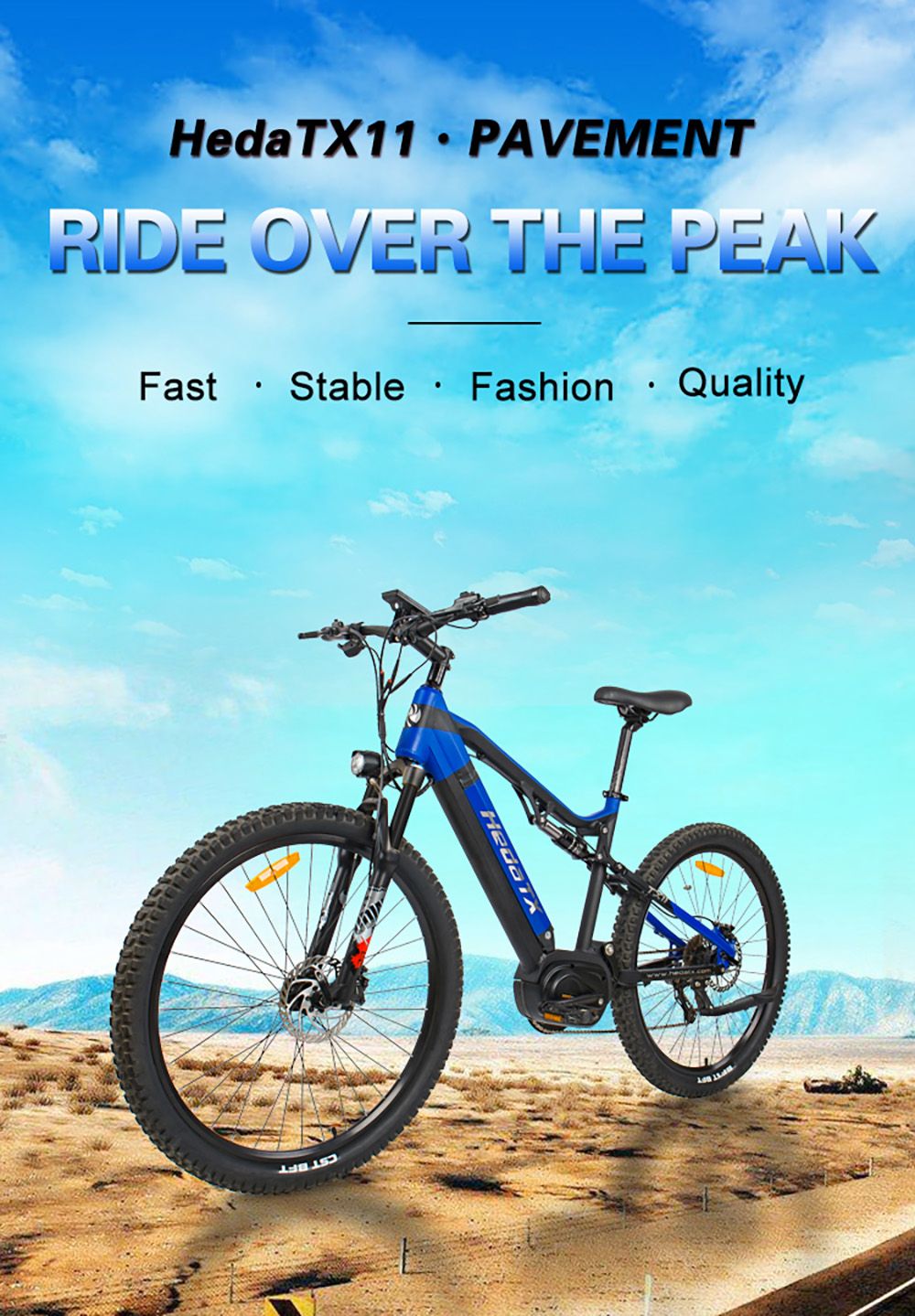 Heda TX TX11 Electric Bike 27.5x2.4 inch Tire 500W Mid Motor 48V 15Ah LG Battery 50-70km Range Shimano 9-speed Gear - Blue
