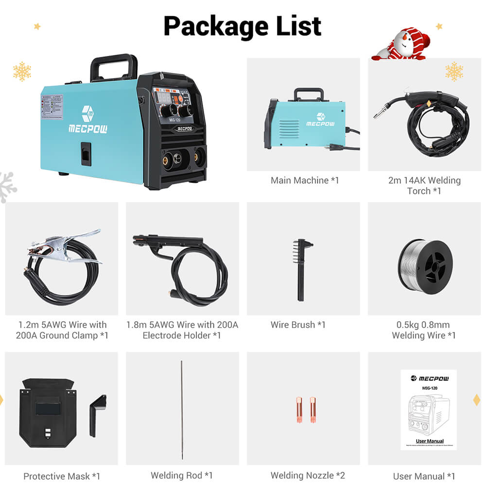 Mecpow MIG120 Gasless Welder, 110V, MIG/MMA/LIFT TIG 3 in 1, Overheating/ Overcurrent/ Overload/Over-Voltage Protection, LCD Display