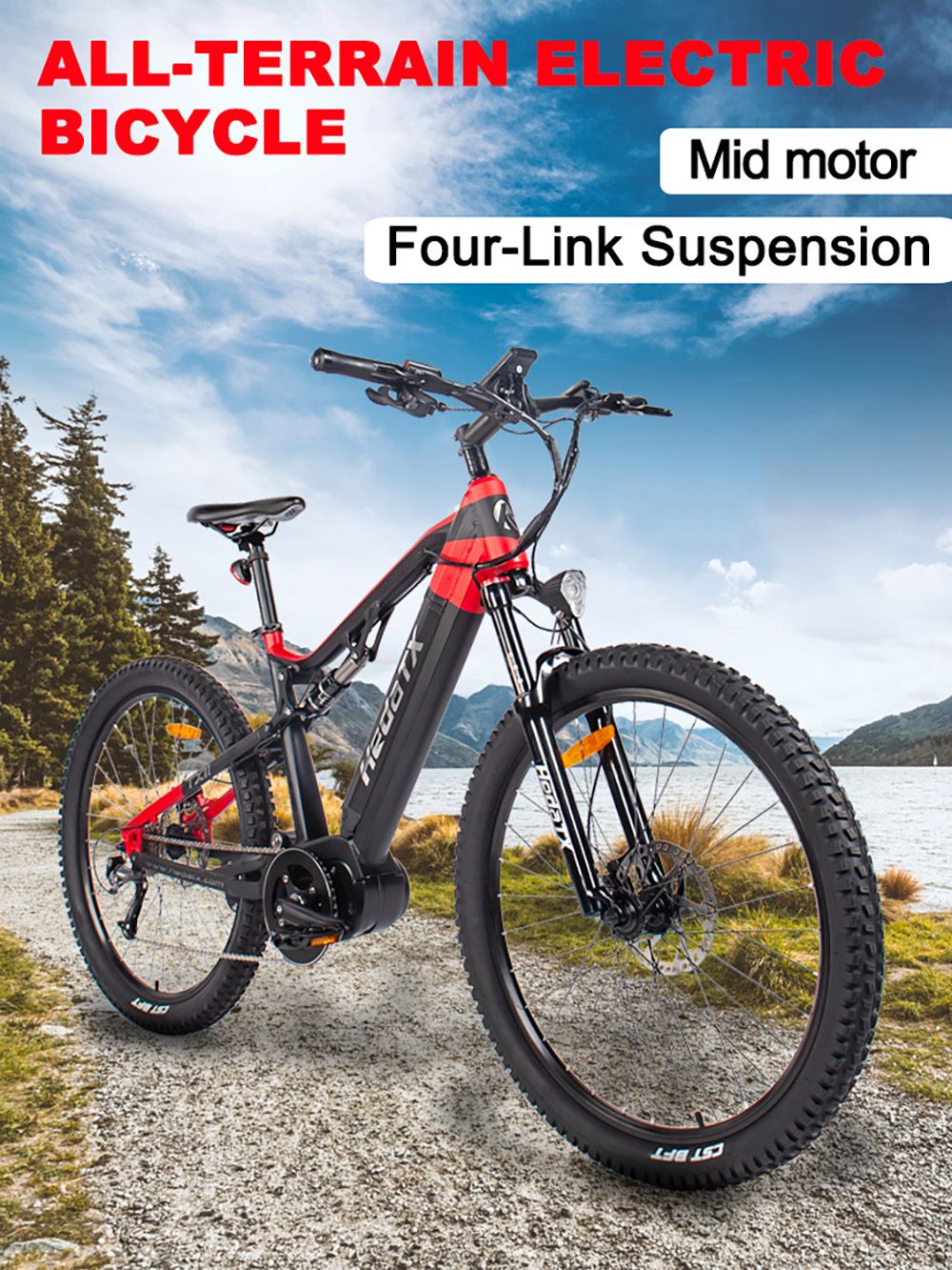 Heda TX TX11 Electric Bike 27.5x2.4 inch Tire 500W Mid Motor 48V 15Ah LG Battery 50-70km Range Shimano 9-speed Gear - Red
