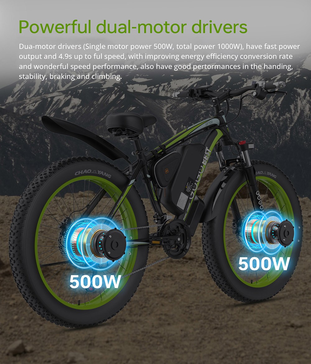 GOGOBEST GF700 26*4.0 Inch Fat Tire Electric Mountain Bike 48V 18.2Ah Battery 2*500W Dual Motor Max Speed 50Km/h 70KM Power-Assisted Range Max Load 200KG IP54 Waterproof Hydraulic Disc Brake MTB Bike 6061 Aluminum Alloy Frame - Black Yellow