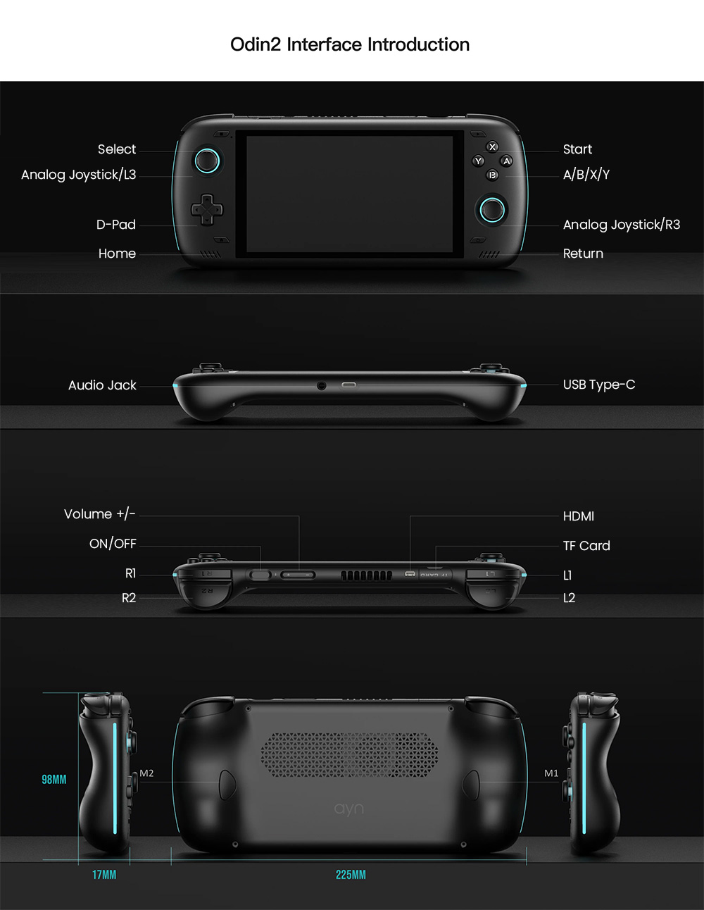 AYN Odin 2 Handheld Game Console, Snapdragon 8Gen2 CPU, Android 13, 1080p 6-inch Touchscreen, 8000mAh Battery, 8GB LPDDR5x RAM 128GB UFS4.0 Storage, WiFi 7 Bluetooth 5.3 - Black