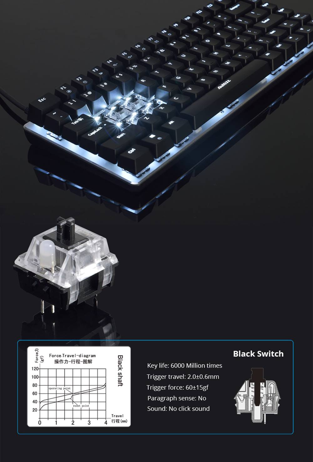 Refurbished Ajazz AK33RGB 82keys Anti-ghosting Ergonomic Mechanical Keyboard Durable RGB Backlight Blue Switch - Black