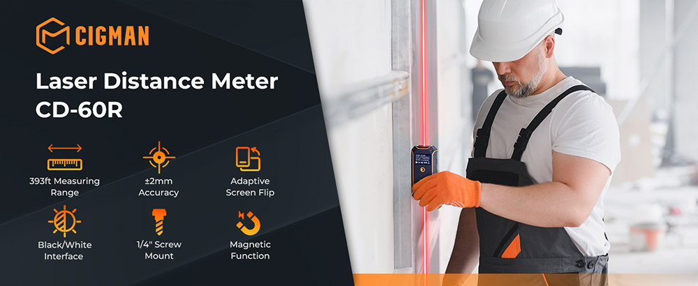CIGMAN CD-60R 393Ft/120M Bilateral Red Laser Measure, LCD Display, with 6 Units Ft/in/M, Angle Sensor, Multiple Measure Mode, Magnetic Back
