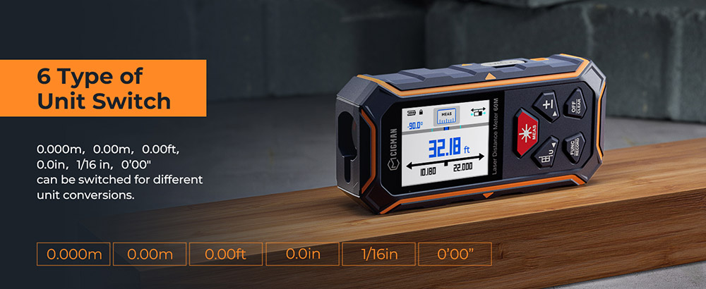 CIGMAN CD-60R 393Ft/120M Bilateral Red Laser Measure, LCD Display, with 6 Units Ft/in/M, Angle Sensor, Multiple Measure Mode, Magnetic Back