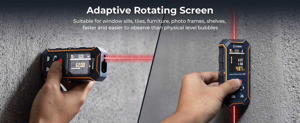 CIGMAN CD-60R 393Ft/120M Bilateral Red Laser Measure, LCD Display, with 6 Units Ft/in/M, Angle Sensor, Multiple Measure Mode, Magnetic Back