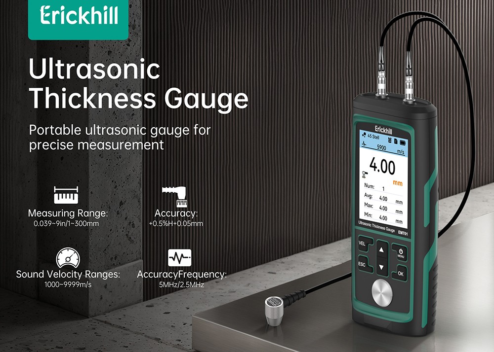 ERICKHILL EMT01 Ultrasonic Thickness Gauge, 0.039-9in/1-300mm Range with Auto Calibration