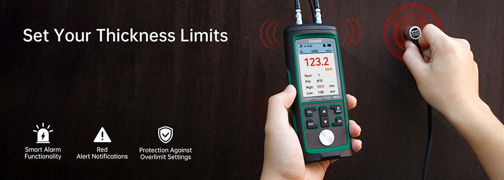 ERICKHILL EMT01 Ultrasonic Thickness Gauge, 0.039-9in/1-300mm Range with Auto Calibration