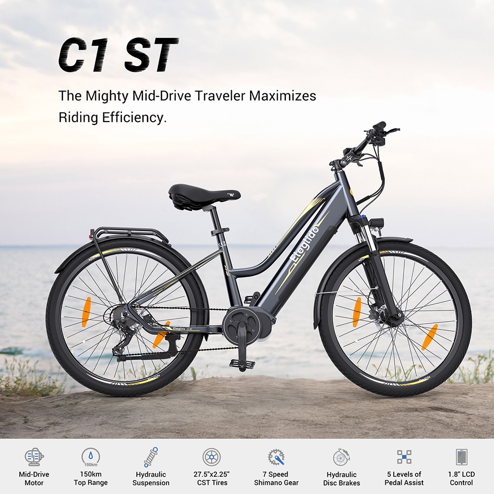 Refurbished Eleglide C1 ST Trekking Bike with 250W Mid-Drive Motor, 27.5in Wheels, 522Wh Battery, 150km Range, Hydraulic Suspension & Hydraulic Disc Brakes (Black)