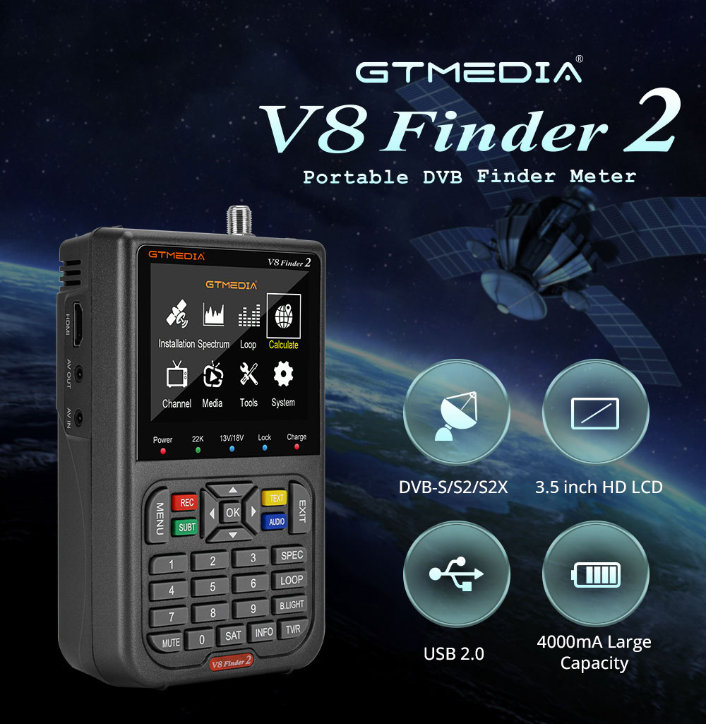GTMEDIA V8 Finder 2 Satellitenfinder Digital FTA DVB-S/S2/S2X Signalmessgerät Detektor Empfänger - Schwarz