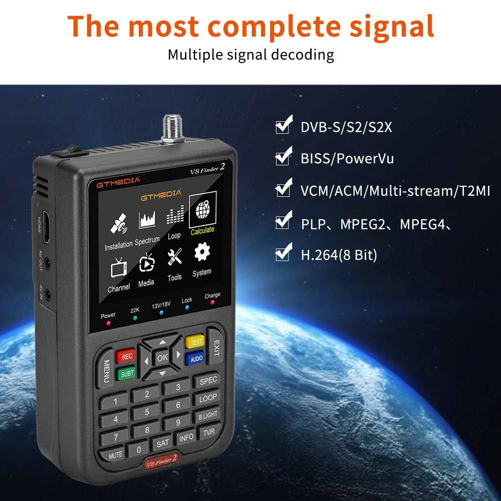 GTMEDIA V8 Finder 2 Satellitenfinder Digital FTA DVB-S/S2/S2X Signalmessgerät Detektor Empfänger - Schwarz