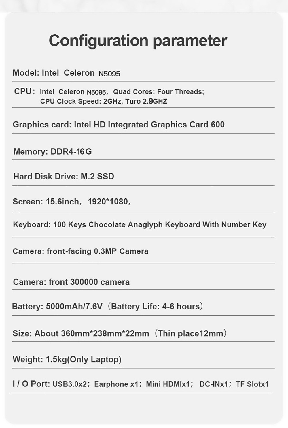 Refurbished HONGO H15 Laptop 15.6'' 1080P LCD Screen, Intel Celeron N5095A CPU, 16GB DDR4 256GB SSD, Windows 10, Fingerprint Unlock