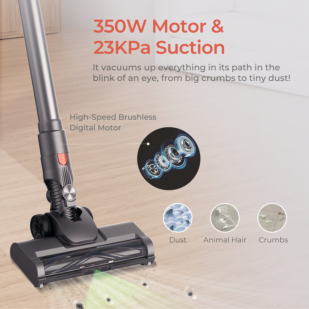JIGOO C200 Cordless Vacuum Cleaner, 23KPa Suction, 40min Runtime, 2 Work Modes, Telescopic Metal Tube & LED Headlight, Gray