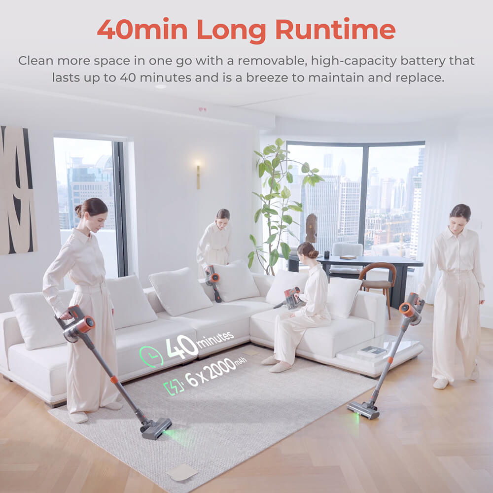 JIGOO C200 Cordless Vacuum Cleaner, 23KPa Suction, 40min Runtime, 2 Work Modes, Telescopic Metal Tube & LED Headlight, Gray