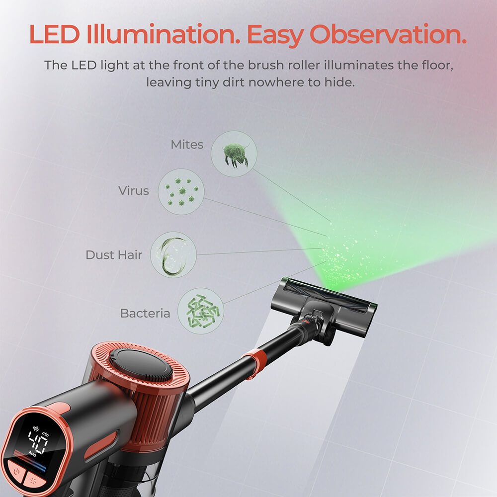 JIGOO C200 Cordless Vacuum Cleaner, 23KPa Suction, 40min Runtime, 2 Work Modes, Telescopic Metal Tube & LED Headlight, Gray