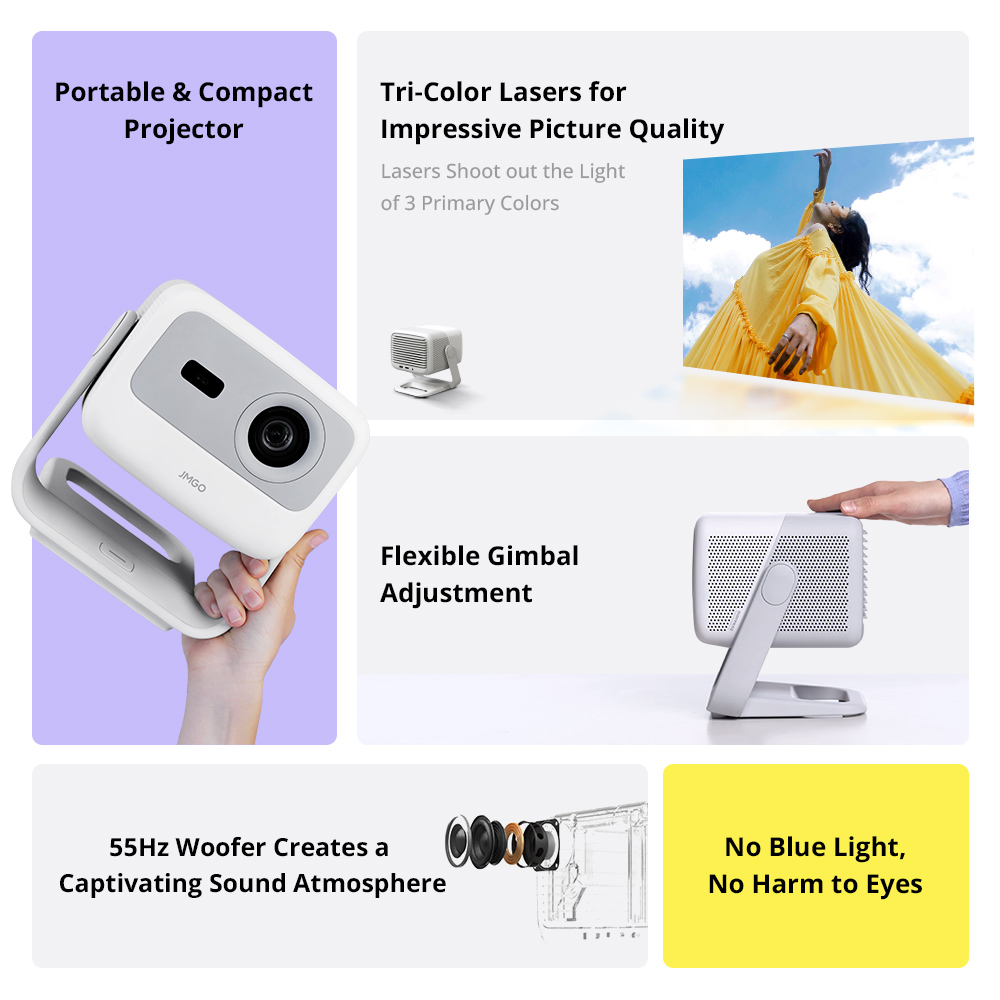 Refurbished JMGO N1 1080P Tri-Color Laser Projector, with Flexible Gimbal Adjustment, 800 CVIA Lumens, HDR 10, 2*5W Dynaudio Speakers, Instant Keystone Correction, WiFi 6 and Bluetooth 5.0 Supported - EU Plug