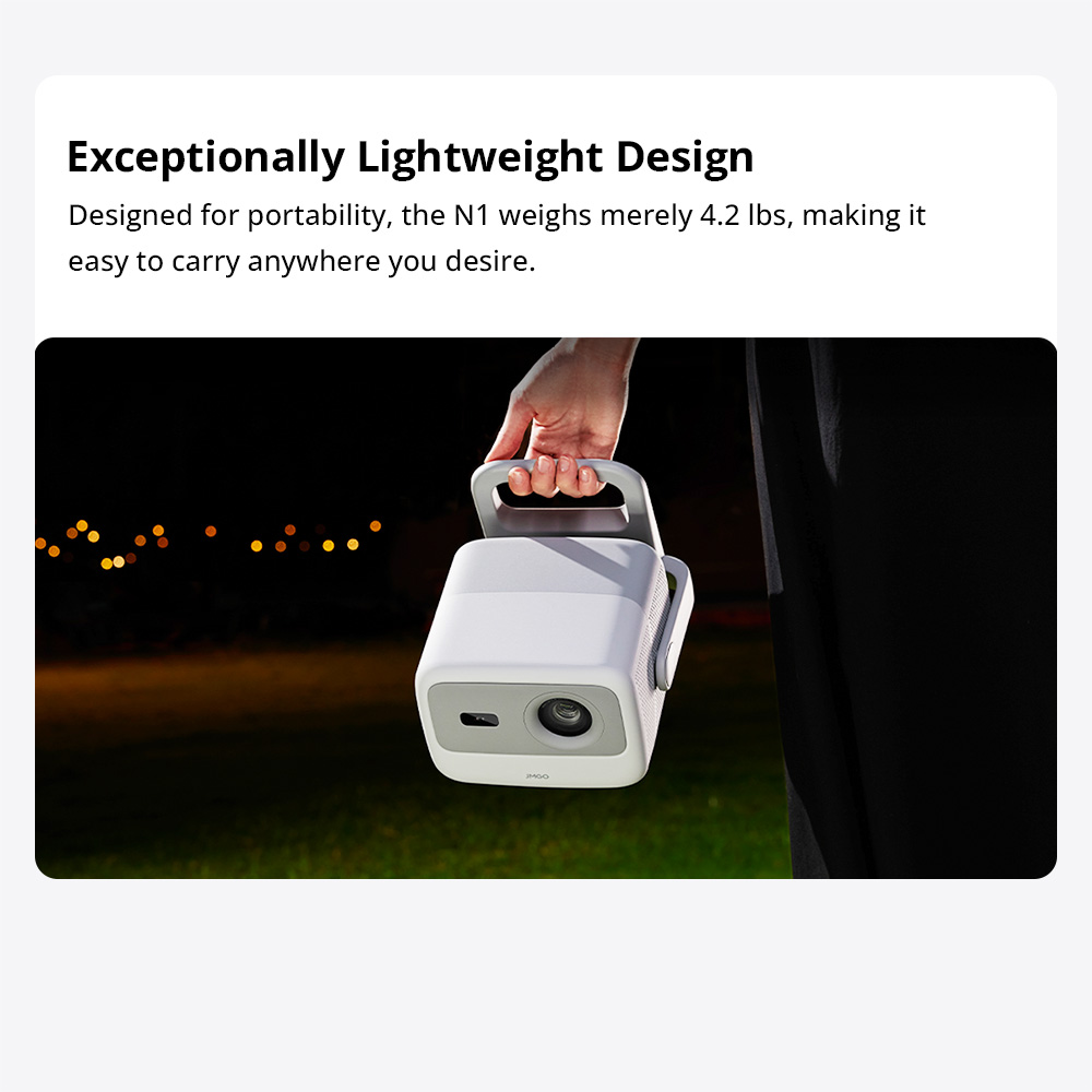 Refurbished JMGO N1 1080P Tri-Color Laser Projector, with Flexible Gimbal Adjustment, 800 CVIA Lumens, HDR 10, 2*5W Dynaudio Speakers, Instant Keystone Correction, WiFi 6 and Bluetooth 5.0 Supported - EU Plug