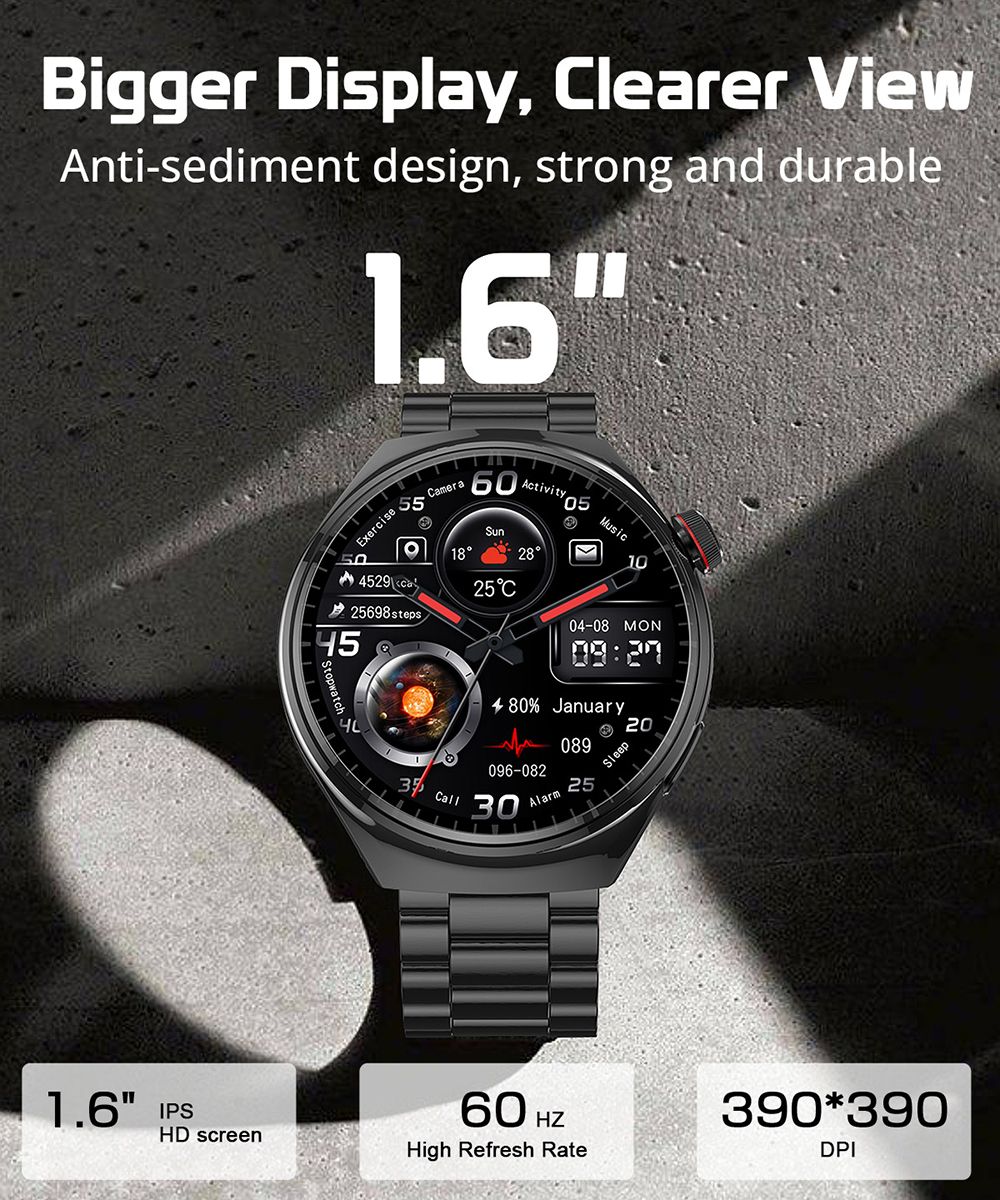 LEMFO LF38 Smartwatch, 1.6-inch IPS HD Screen, 60Hz Refresh Rate, Bluetooth Calling, Health Monitoring, 100+ Sports Modes, Voice Assistant - Silver, Steel Watchband