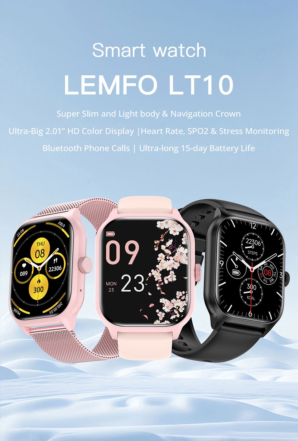 LEMFO LT10 Smartwatch, 2.01-inch Touchscreen, Health & Sleep Monitoring, Bluetooth Calling, 100+ Workout Modes, Intelligent Al Voice Assistant, IP67 Waterproof - Black