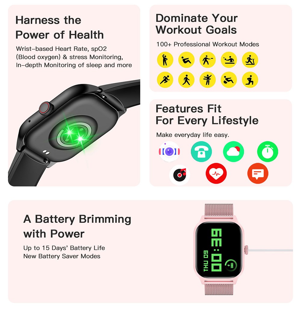 LEMFO LT10 Smartwatch, 2.01-inch Touchscreen, Health & Sleep Monitoring, Bluetooth Calling, 100+ Workout Modes, Intelligent Al Voice Assistant, IP67 Waterproof - Black