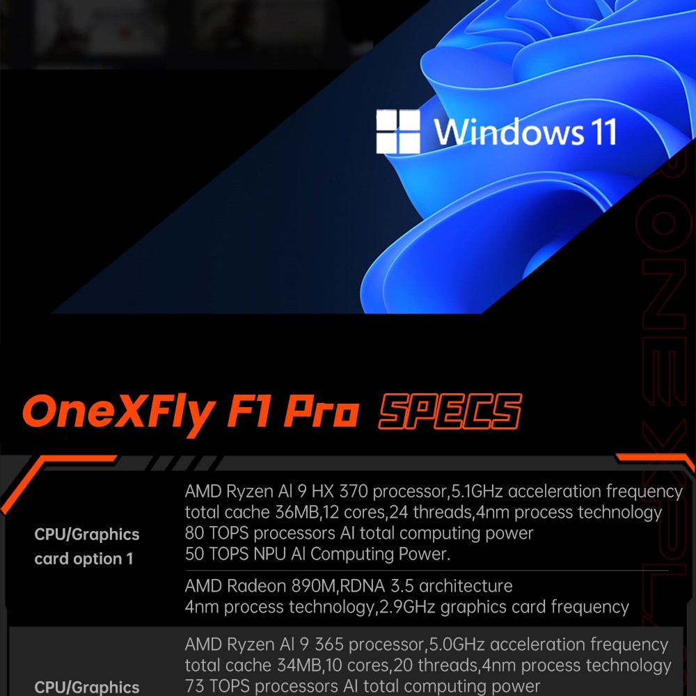 ONE Netbook OneXFly F1 Pro Handheld Game Console, 7'' 1920*1080 OLED Screen, AMD Ryzen AI 9 HX 365 CPU 10 Core Max 5.0GHz, 144Hz Refresh Rate, 32GB LPDDR5x RAM 1TB PCle 4.0 SSD, Harman Sound System, 2*USB-C 4.0, 1*USB-A 3.0, 1*TF Card Slot, 1*Audio