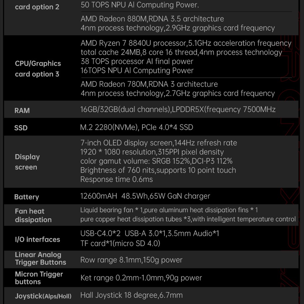 ONE Netbook OneXFly F1 Pro Handheld Game Console, 7'' 1920*1080 OLED Screen, AMD Ryzen AI 9 HX 365 CPU 10 Core Max 5.0GHz, 144Hz Refresh Rate, 32GB LPDDR5x RAM 1TB PCle 4.0 SSD, Harman Sound System, 2*USB-C 4.0, 1*USB-A 3.0, 1*TF Card Slot, 1*Audio