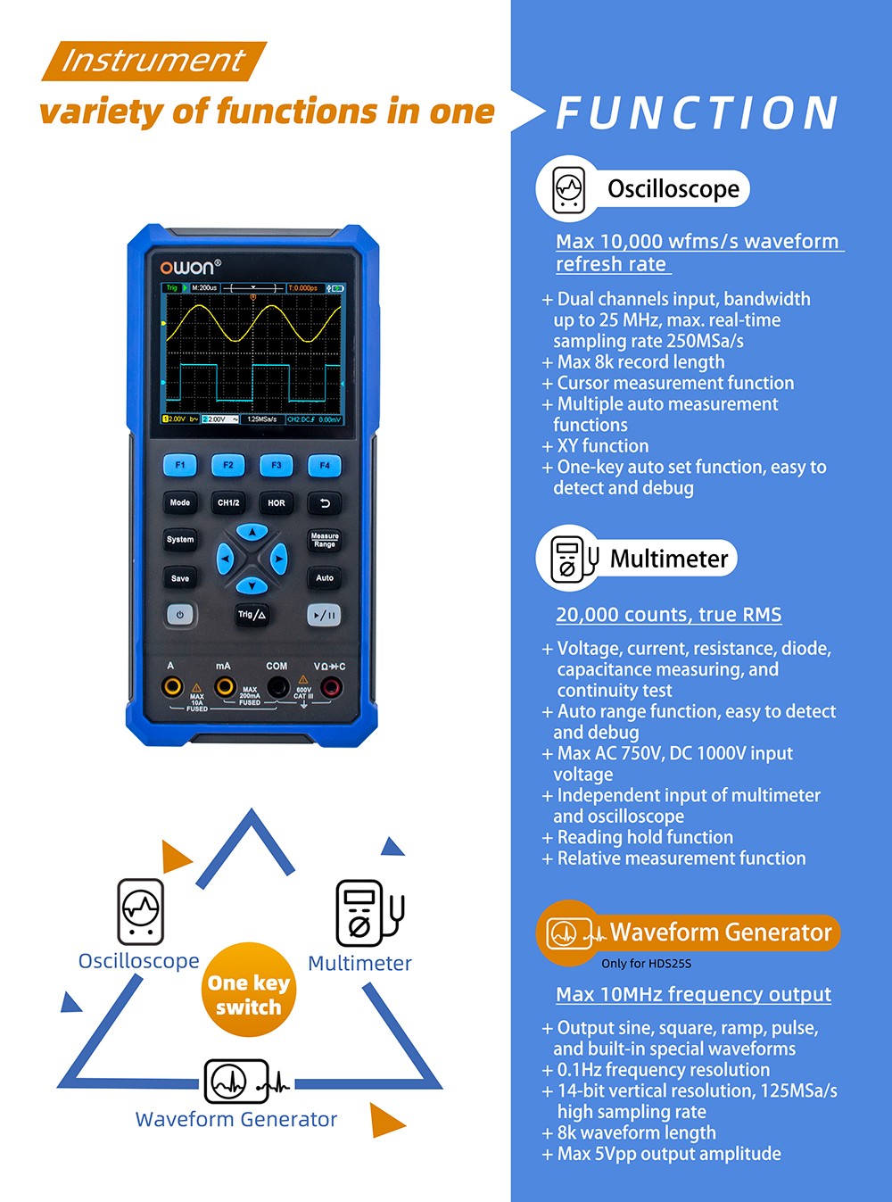 OWON HDS25 2-in-1 Digital Multimeter (2-CH Oscilloscope), 25MHz, 250MSa/s - EU Plug