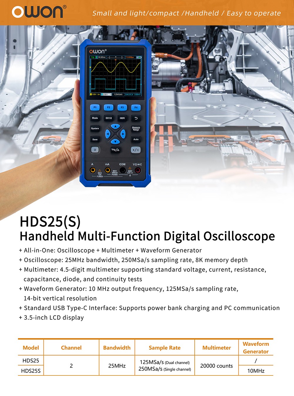 OWON HDS25 2-in-1 Digital Multimeter (2-CH Oscilloscope), 25MHz, 250MSa/s - US Plug