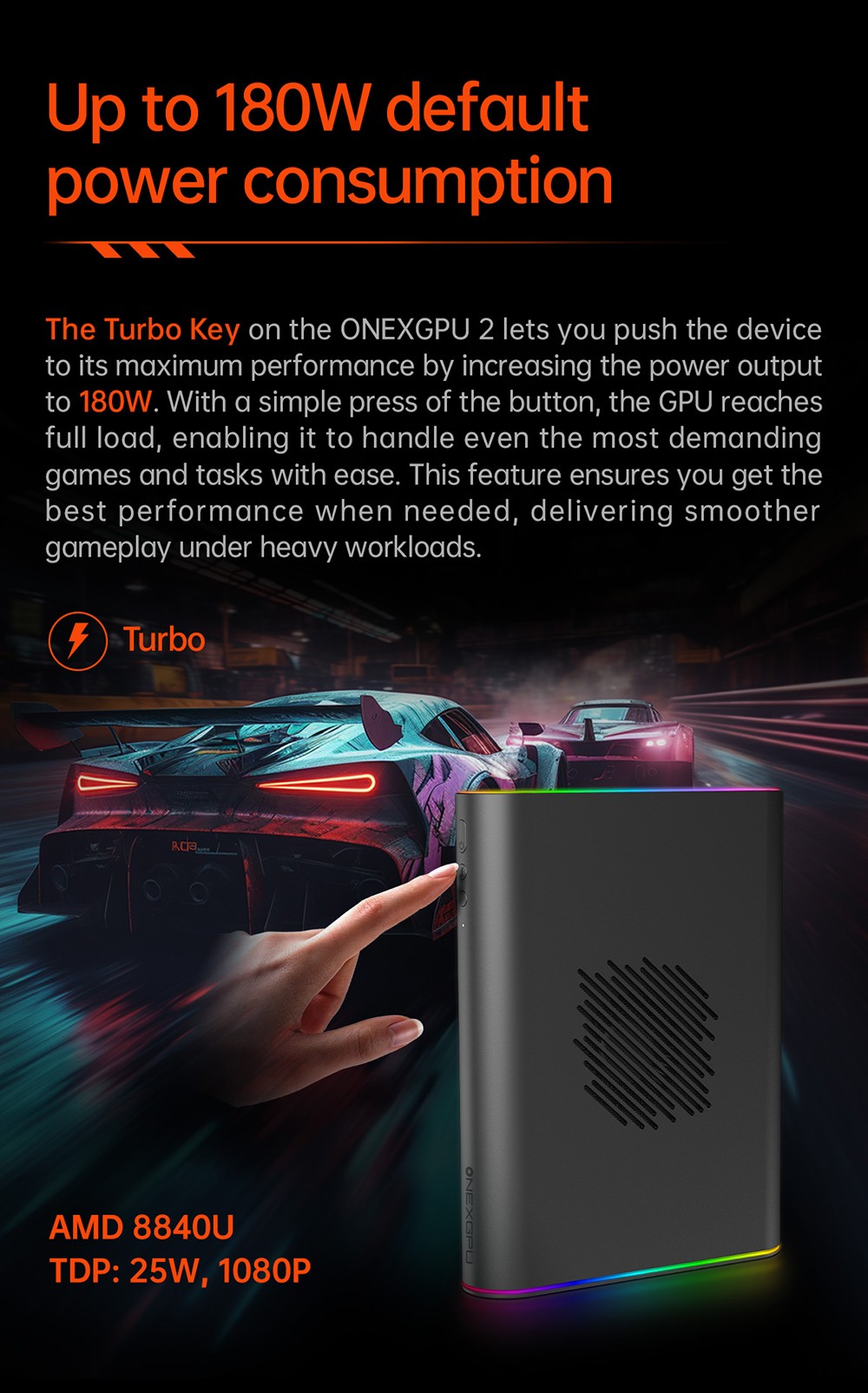 One Netbook ONEXGPU 2 eGPU Dock with AMD Radeon RX 7800M GPU, 12GB GDDR6 RAM, 192bit, 1*Oculink, 1*USB-C 4.0, 2*USB 3.2, 1*PCIe 3.0 SSD, 1*RJ45, 1*HDMI 2.1, 2*DP 2.0, 65W Reverse Charging, RGB Light Effects - UK Plug