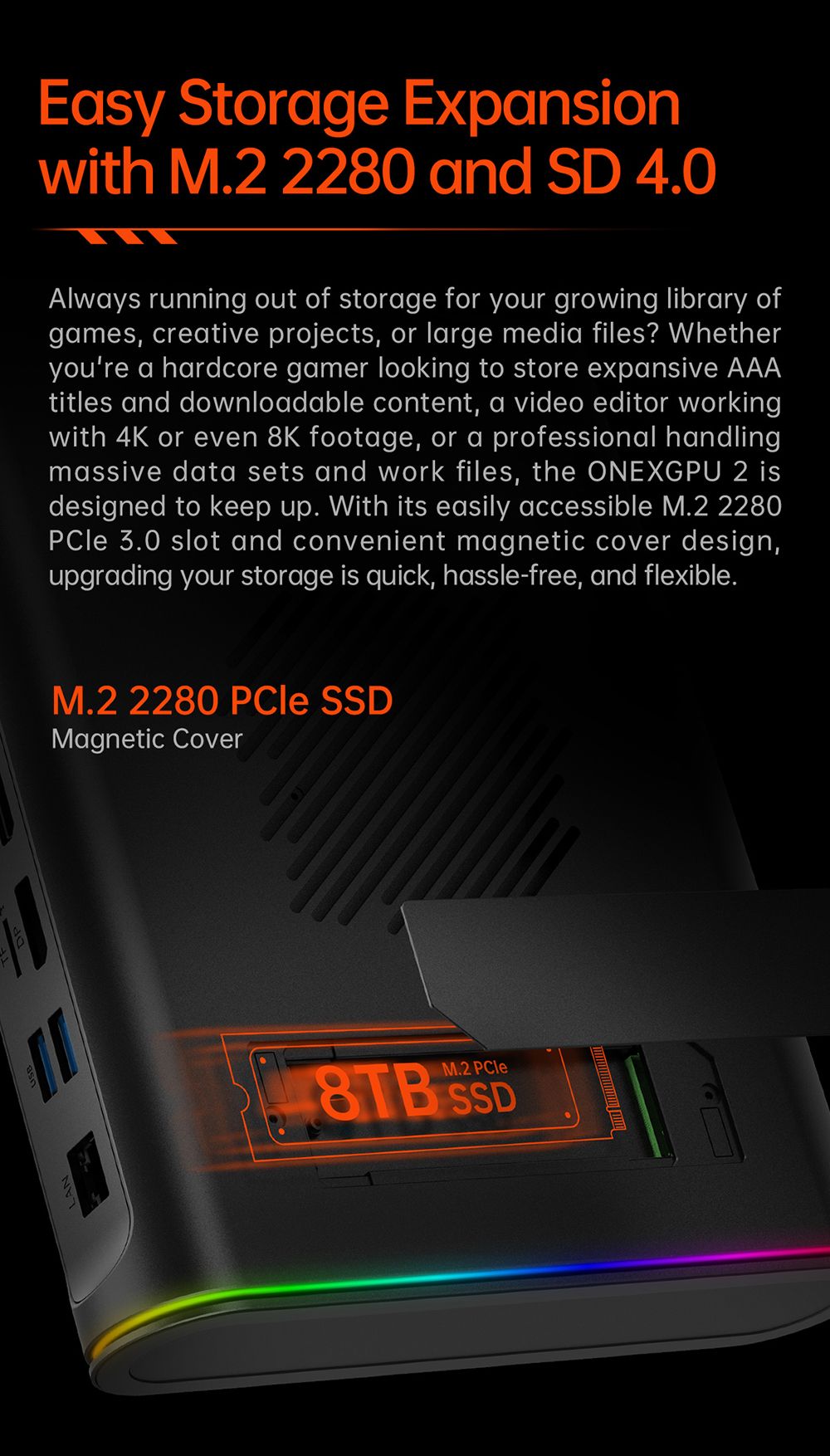 One Netbook ONEXGPU 2 eGPU Dock with AMD Radeon RX 7800M GPU, 12GB GDDR6 RAM, 192bit, 1*Oculink, 1*USB-C 4.0, 2*USB 3.2, 1*PCIe 3.0 SSD, 1*RJ45, 1*HDMI 2.1, 2*DP 2.0, 65W Reverse Charging, RGB Light Effects - US Plug