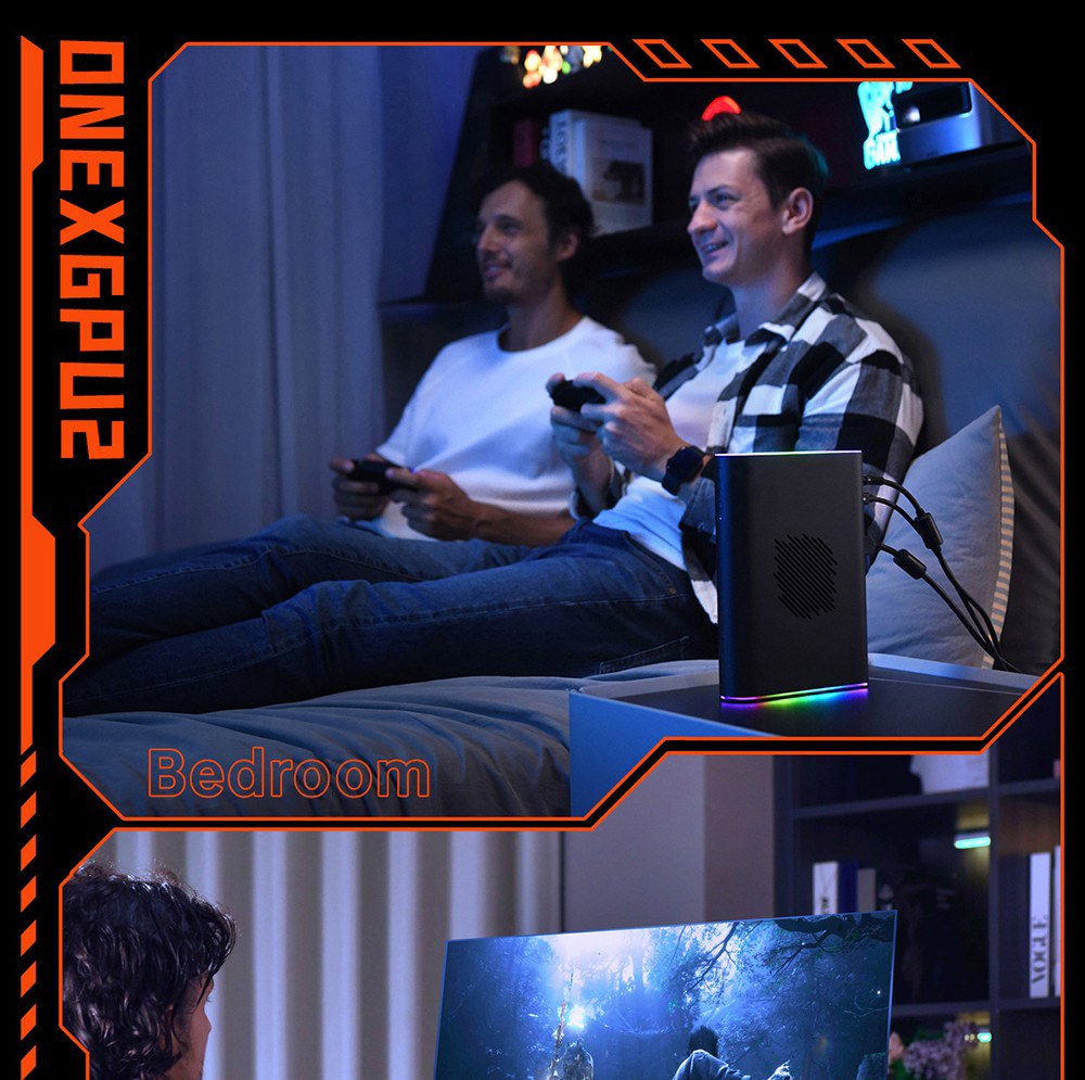 One Netbook ONEXGPU 2 eGPU Dock with AMD Radeon RX 7800M GPU, 12GB GDDR6 RAM, 192bit, 1*Oculink, 1*USB-C 4.0, 2*USB 3.2, 1*PCIe 3.0 SSD, 1*RJ45, 1*HDMI 2.1, 2*DP 2.0, 65W Reverse Charging, RGB Light Effects - US Plug