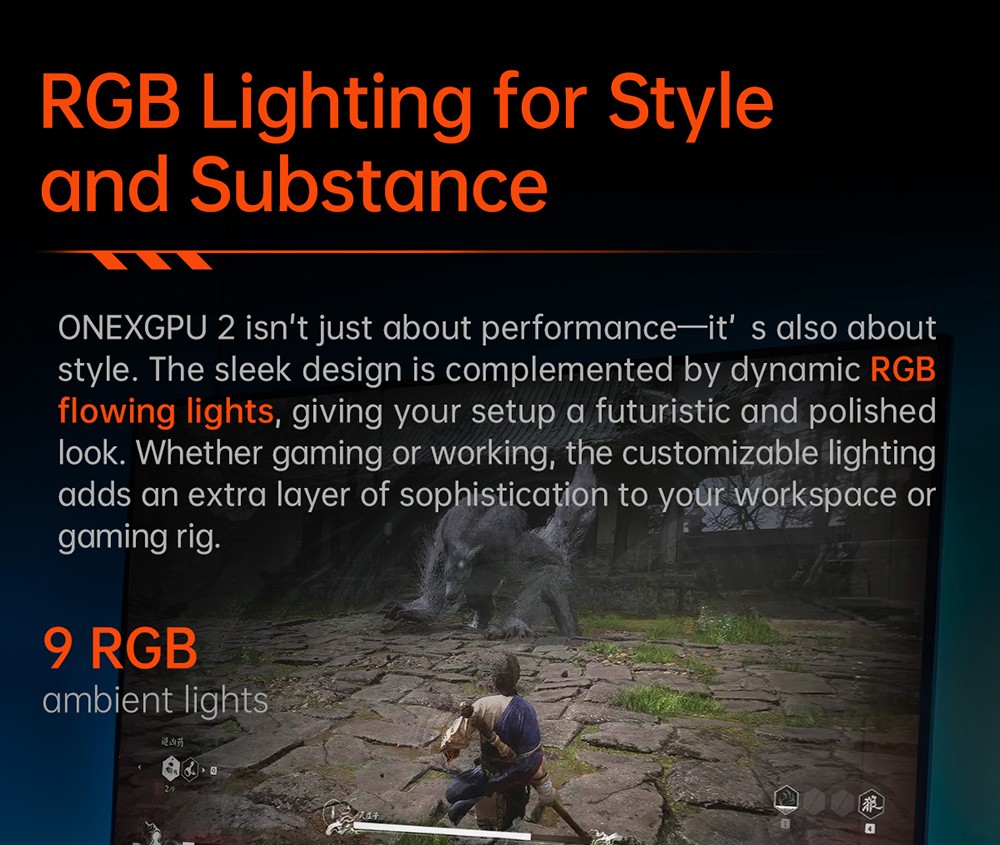 One Netbook ONEXGPU 2 eGPU Dock with AMD Radeon RX 7800M GPU, 12GB GDDR6 RAM, 192bit, 1*Oculink, 1*USB-C 4.0, 2*USB 3.2, 1*PCIe 3.0 SSD, 1*RJ45, 1*HDMI 2.1, 2*DP 2.0, 65W Reverse Charging, RGB Light Effects - US Plug