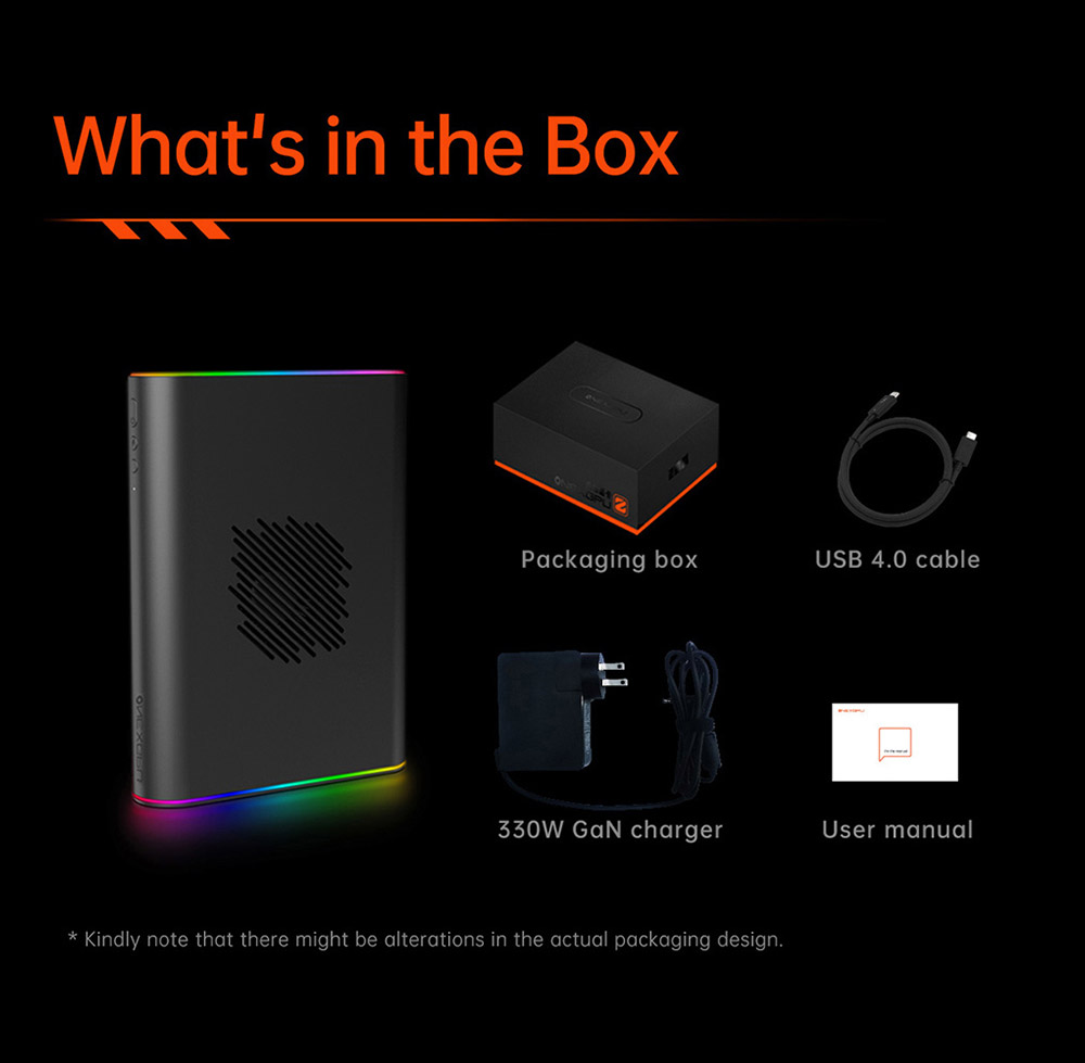 One Netbook ONEXGPU 2 eGPU Dock with AMD Radeon RX 7800M GPU, 12GB GDDR6 RAM, 192bit, 1*Oculink, 1*USB-C 4.0, 2*USB 3.2, 1*PCIe 3.0 SSD, 1*RJ45, 1*HDMI 2.1, 2*DP 2.0, 65W Reverse Charging, RGB Light Effects - US Plug