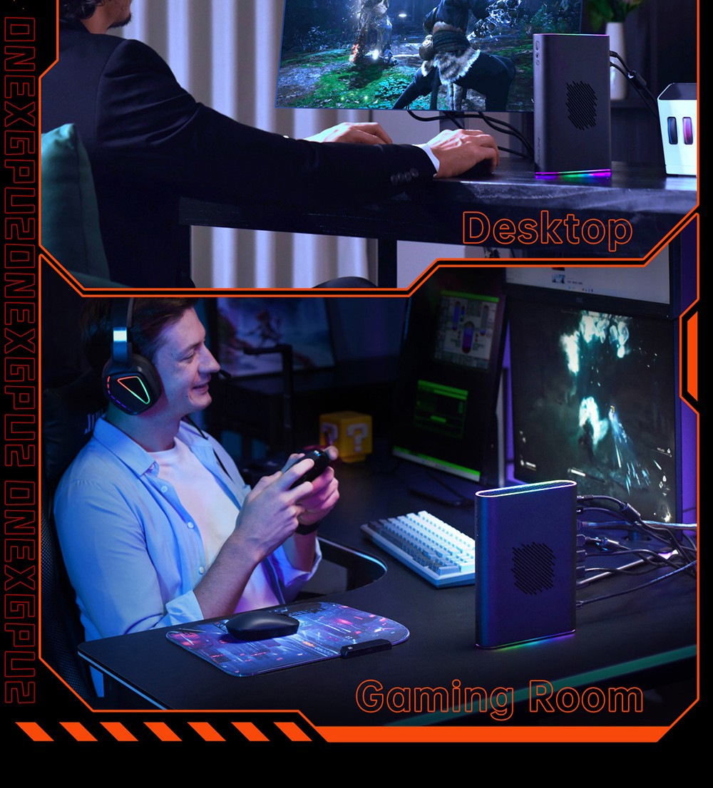 One Netbook ONEXGPU 2 eGPU Dock with AMD Radeon RX 7800M GPU, 12GB GDDR6 RAM, 192bit, 1*Oculink, 1*USB-C 4.0, 2*USB 3.2, 1*PCIe 3.0 SSD, 1*RJ45, 1*HDMI 2.1, 2*DP 2.0, 65W Reverse Charging, RGB Light Effects - US Plug