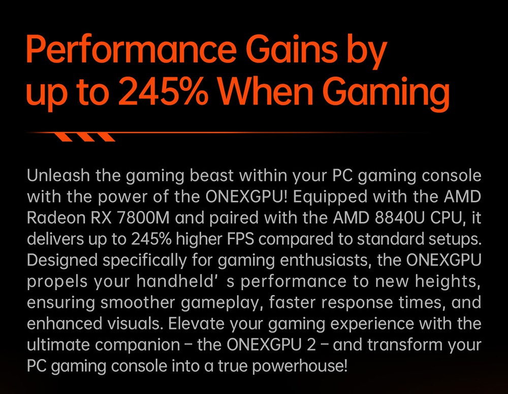 One Netbook ONEXGPU 2 eGPU Dock with AMD Radeon RX 7800M GPU, 12GB GDDR6 RAM, 192bit, 1*Oculink, 1*USB-C 4.0, 2*USB 3.2, 1*PCIe 3.0 SSD, 1*RJ45, 1*HDMI 2.1, 2*DP 2.0, 65W Reverse Charging, RGB Light Effects - US Plug