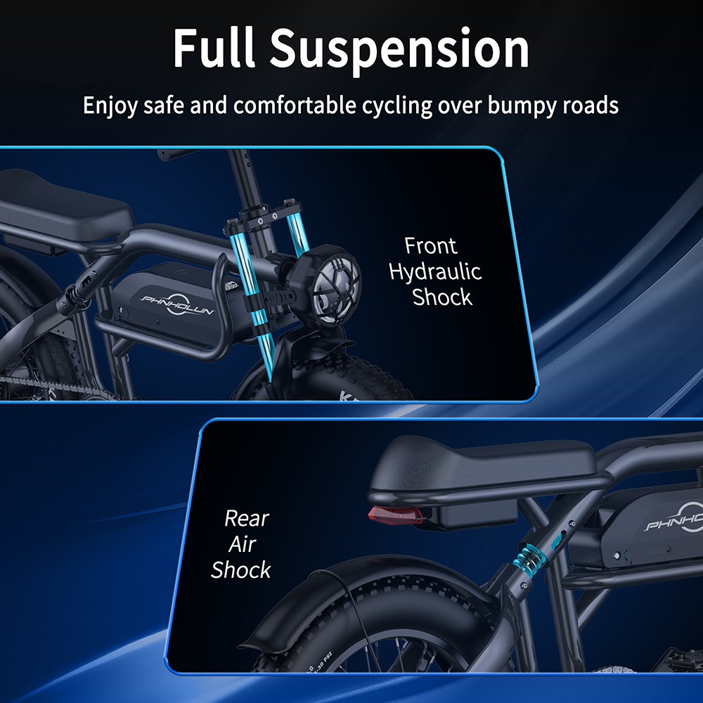 Refurbished PHNHOLUN C8 Electric Bike, 1500W Motor, 48V 20Ah Battery, 20*4.0-inch Fat Tires, 60Km/h Max Speed, 120km Range, Front and Rear Suspension, Shimano 7 Speed, Disc Brake, APP Control