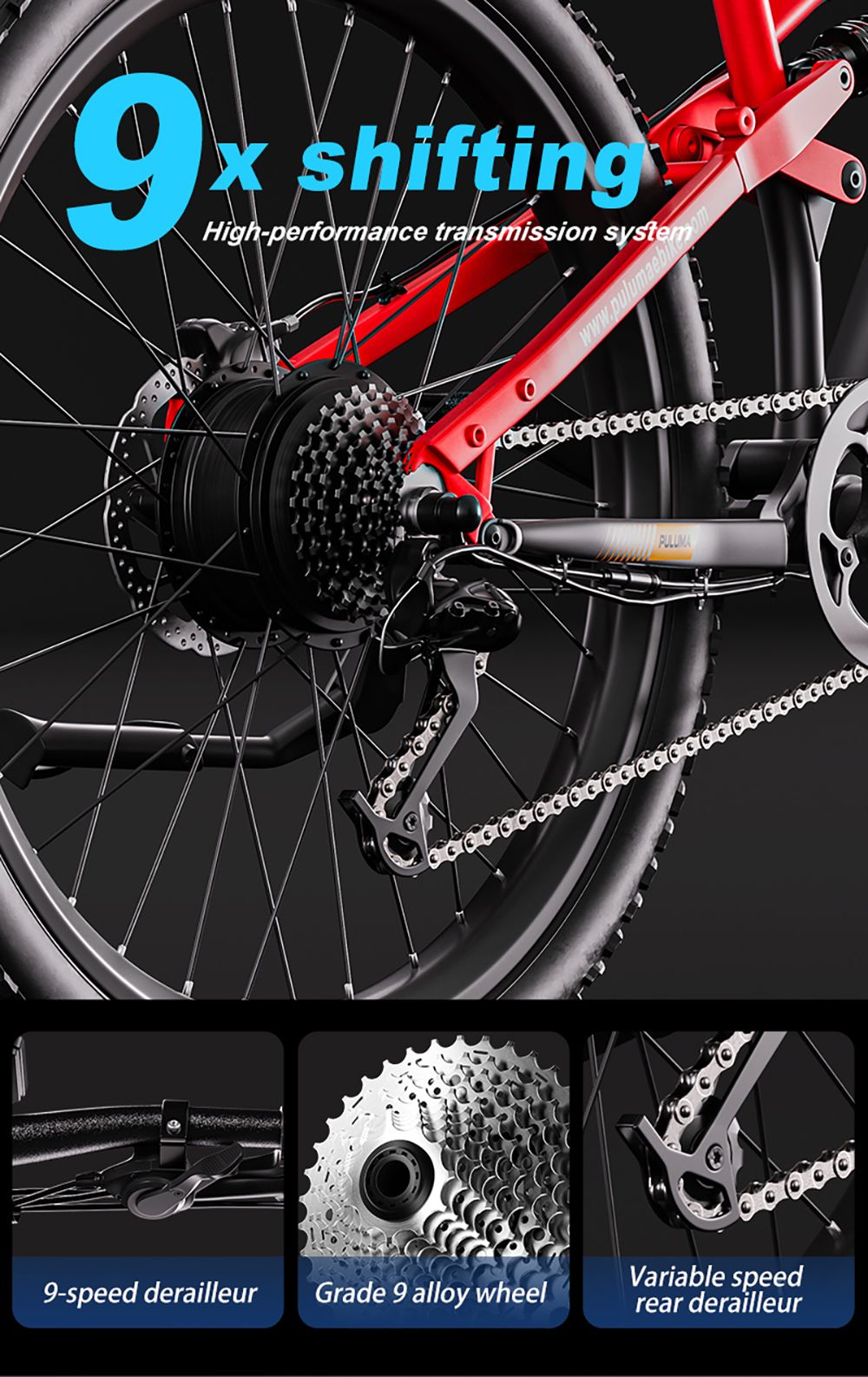 Vélo électrique PULUMA PH001, moteur 500 W, batterie 48 V 20 Ah, pneus 27,5 x 2,8 pouces, vitesse maximale 40 km/h, autonomie 150 km, freins à huile hydraulique, fourche à amortisseur, dérailleur 9 vitesses, écran LCD - Noir Rouge