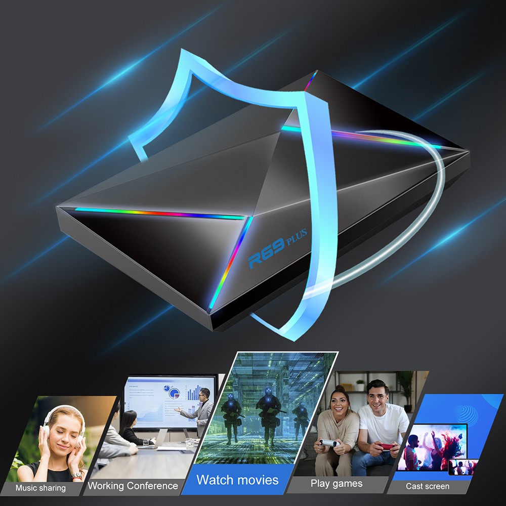 R69 Plus Android 14 TV Box, Allwinner H728 Octa-core, 2GB RAM 16GB ROM, 8K & 4K Decoding, HDR10, WiFi 6, 1*1000M Ethernet, 1*USB 2.0, 1*USB3.0, 1*SD Card Slot - EU Plug