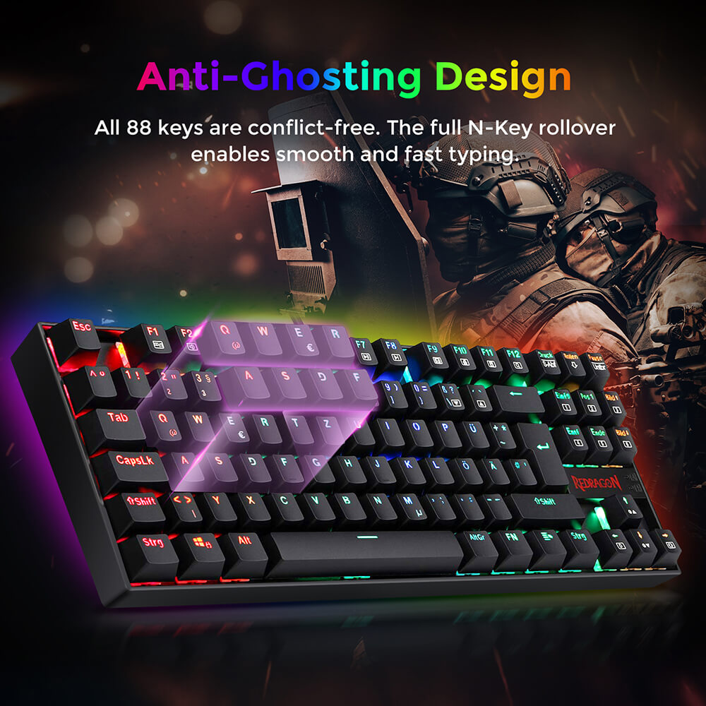 Refurbished Redragon K552RGB-1 RGB Backlight TKL Mechanical Keyboard Compact 88 Keys QWERTZ German Layout Red Switch - Black