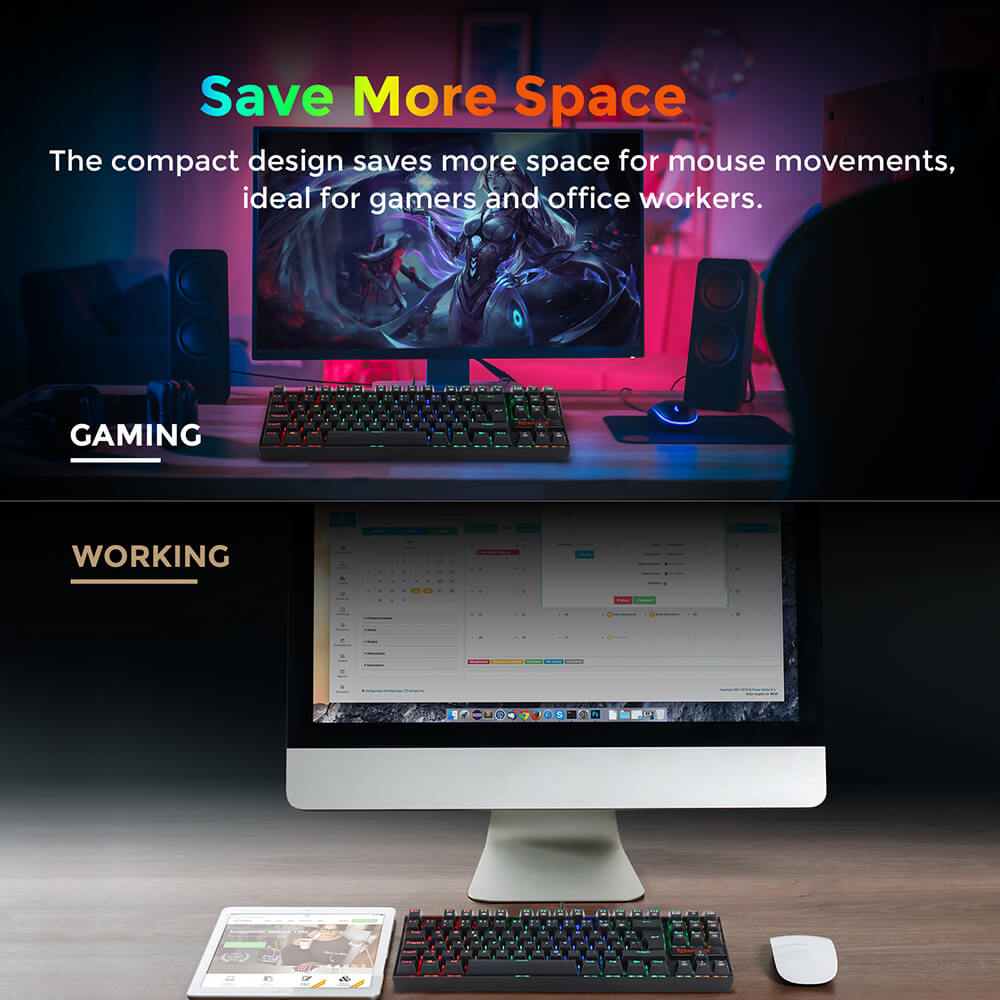 Refurbished Redragon K552RGB-1 RGB Backlight TKL Mechanical Keyboard Compact 88 Keys QWERTZ German Layout Red Switch - Black