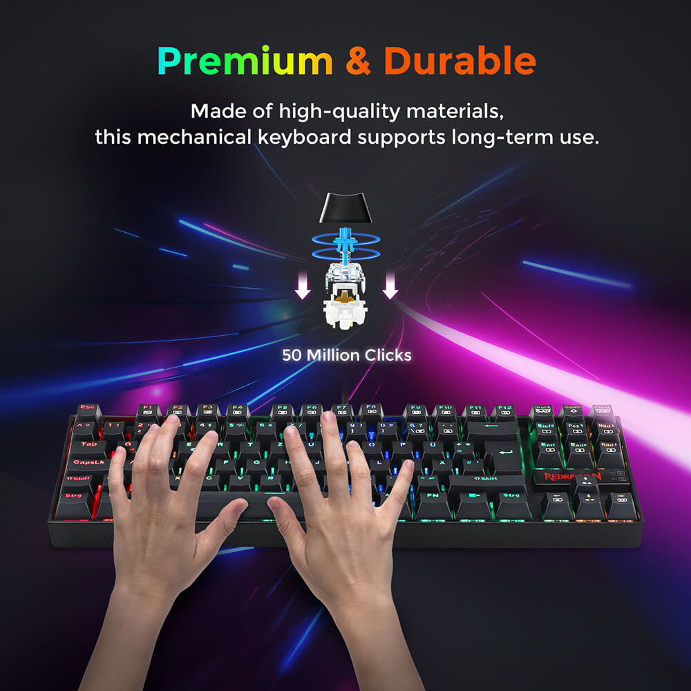 Refurbished Redragon K552RGB-1 RGB Backlight TKL Mechanical Keyboard Compact 88 Keys QWERTZ German Layout Red Switch - Black