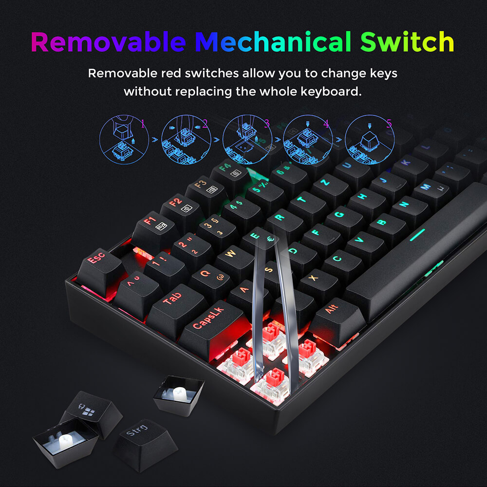 Refurbished Redragon K552RGB-1 RGB Backlight TKL Mechanical Keyboard Compact 88 Keys QWERTZ German Layout Red Switch - Black