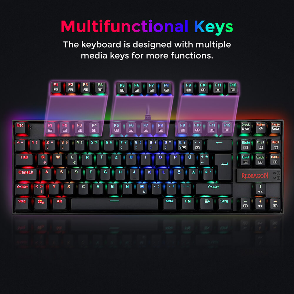 Refurbished Redragon K552RGB-1 RGB Backlight TKL Mechanical Keyboard Compact 88 Keys QWERTZ German Layout Red Switch - Black