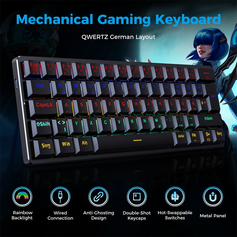 Refurbished Redragon K615-R Elise Wired Rainbow Backlight Mechanical Keyboard Ultra-Thin 61 Keys Blue Switch German Layout - Black